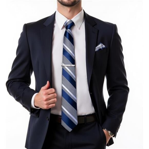 Striped silk tie set with pocket square cufflinks tie clip formal wedding - Picture 2 of 7